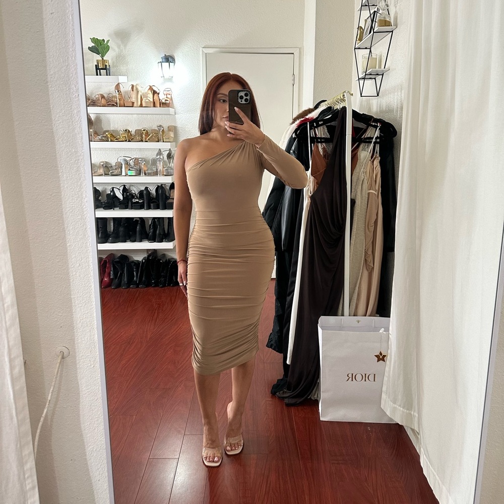 Elegant One Shoulder Tan Dress